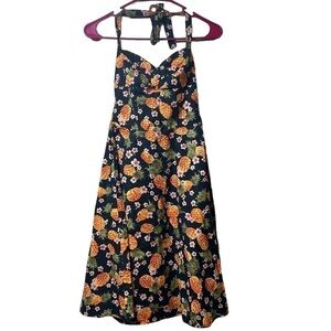 Ruby Rox Vintage Style Pineapple Halter Dress Navy Gold Size 9
